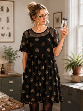 Modcloth Totally Buggin' Babydoll Dress Mesh Black Metallic Bug Print XS NWT